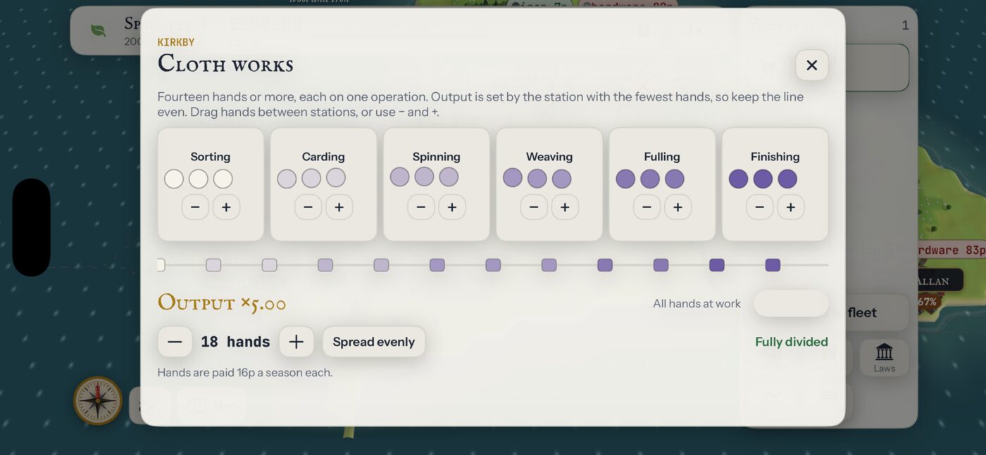 A cloth works with the work divided into six stations